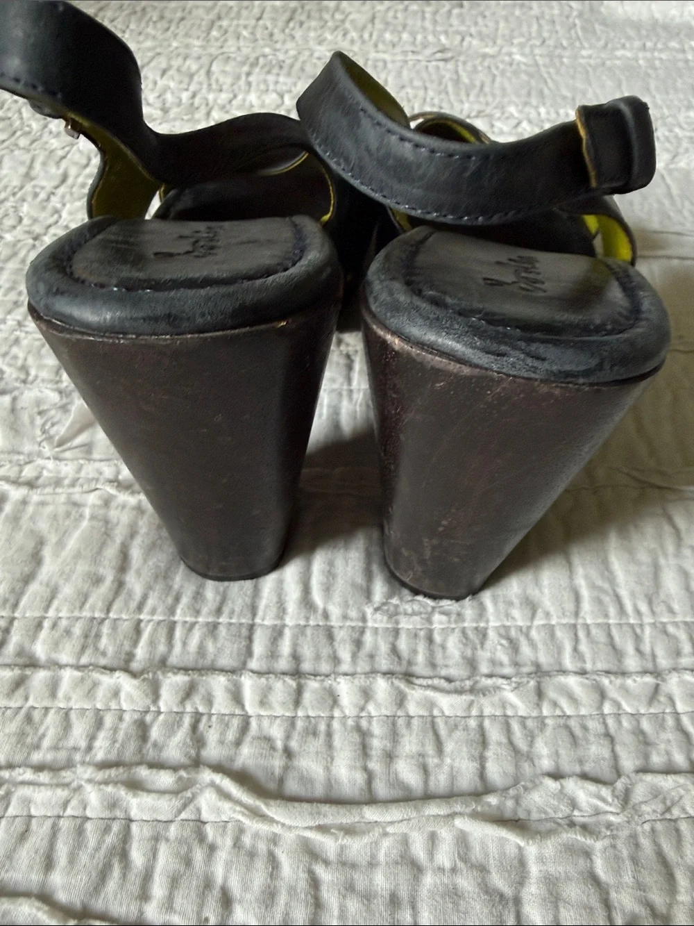 Boden Black Leather Studded Slingback Heels with Yellow Lining